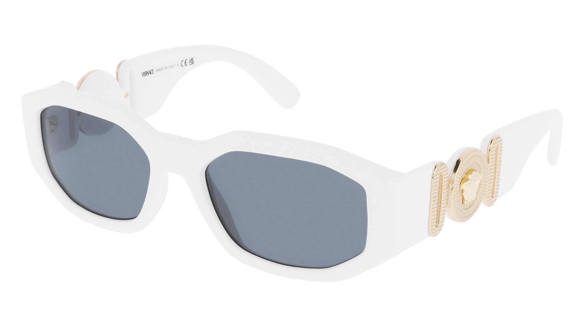 A pair of Versace sunglasses with white frames and gold detailing, featuring polarized lenses  – SunberryRX