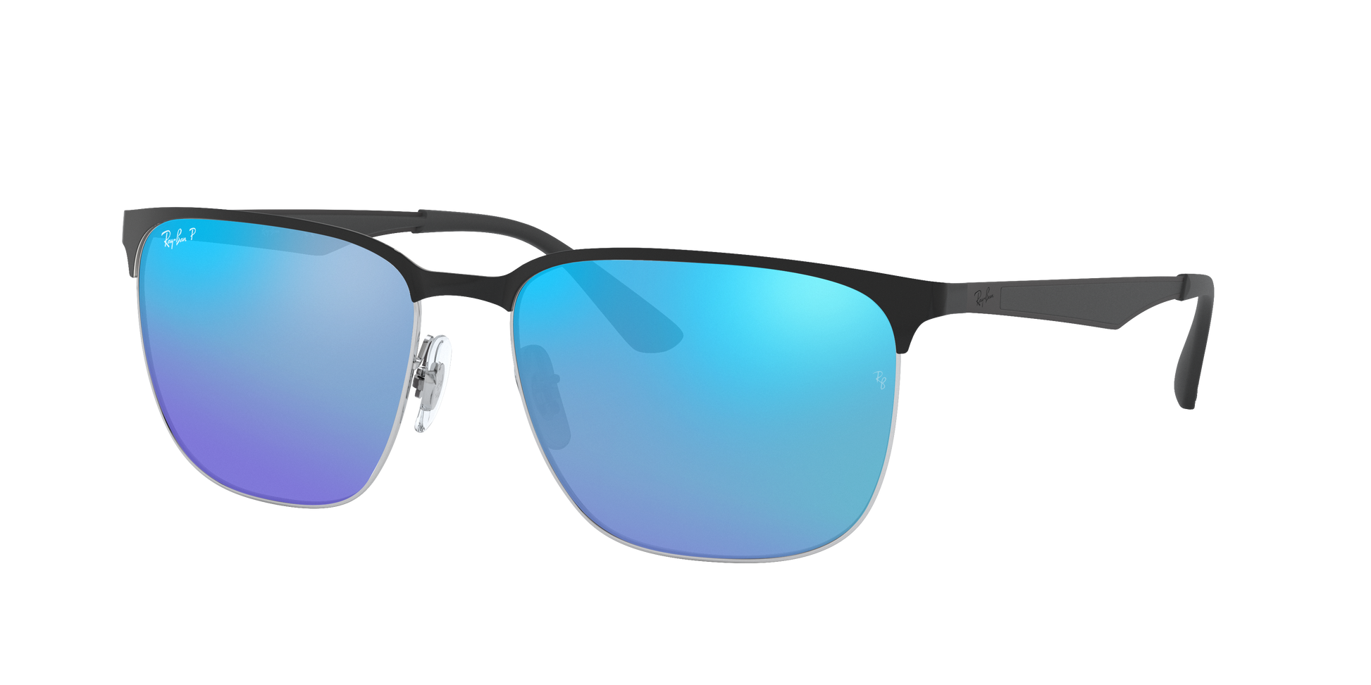 BLACK ON SILVER, Mirrored Blue-Polarized, Rayban