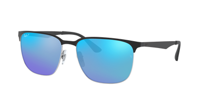BLACK ON SILVER, Mirrored Blue-Polarized, Rayban