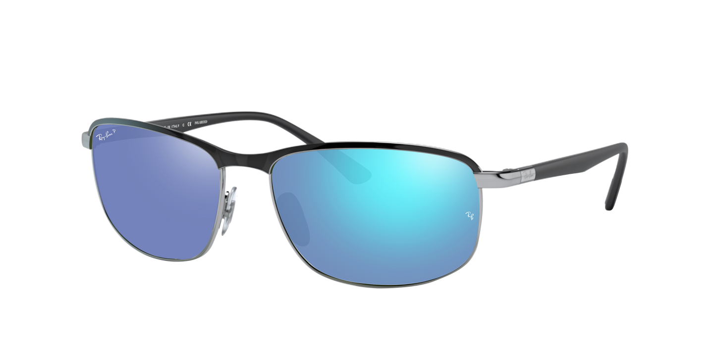 BLACK ON SILVER, Mirrored Blue-Polarized, Rayban