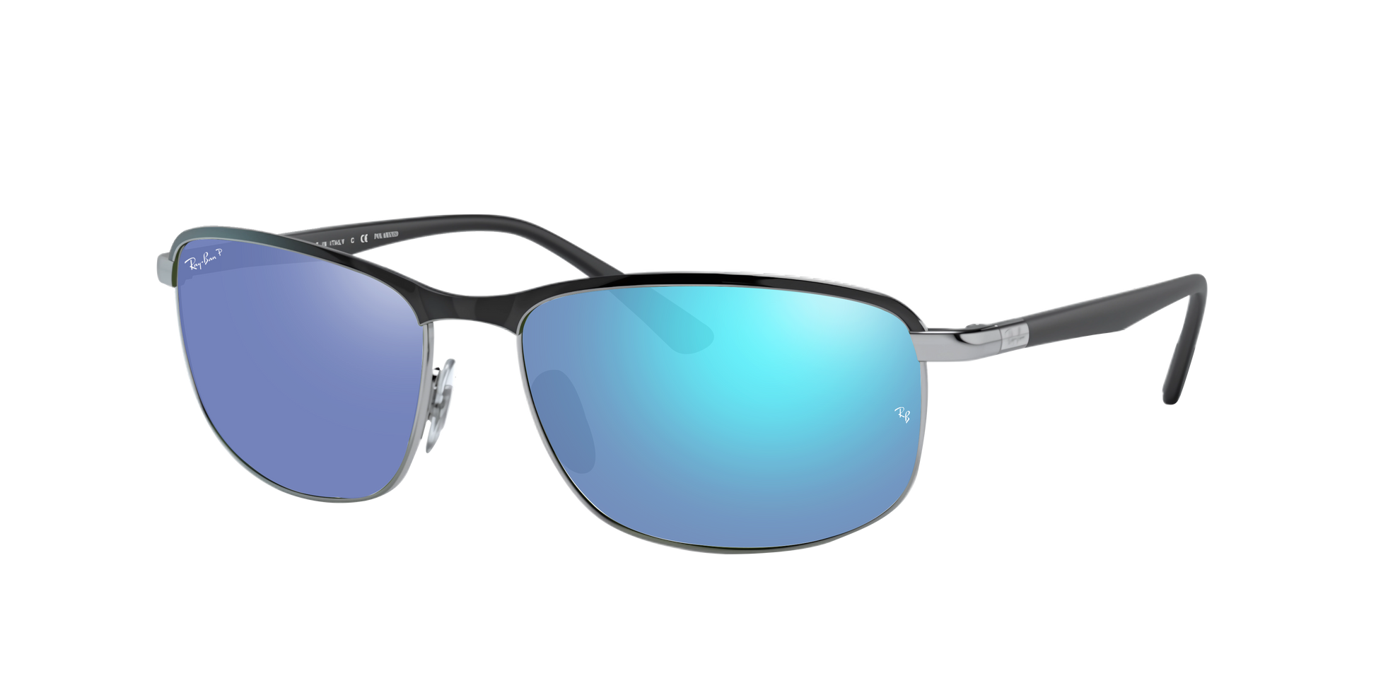 BLACK ON SILVER, Mirrored Blue-Polarized, Rayban