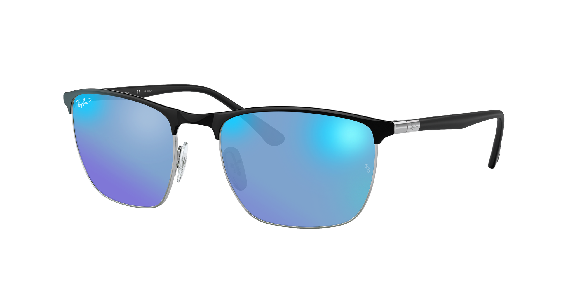 BLACK ON SILVER, Mirrored Blue-Polarized, Rayban