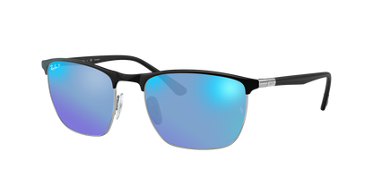 BLACK ON SILVER, Mirrored Blue-Polarized, Rayban