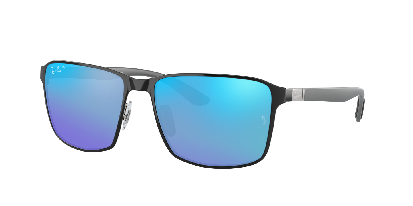 BLACK ON SILVER, Mirrored Blue-Polarized, Rayban